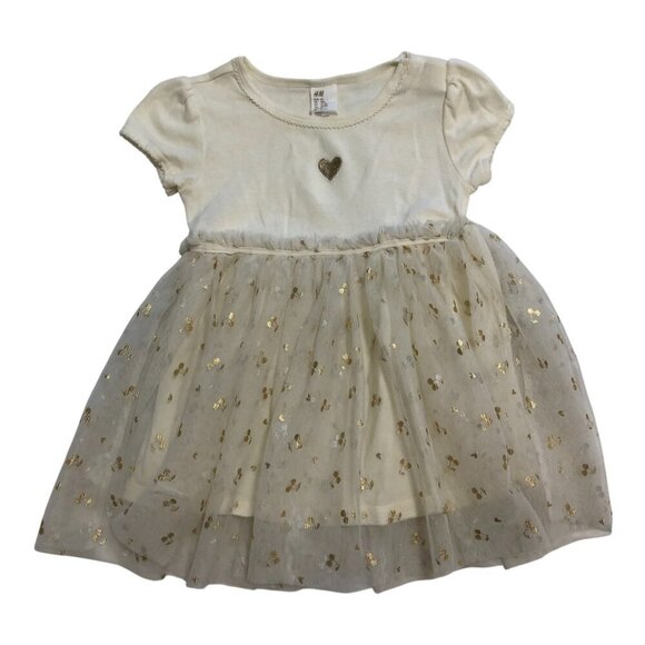 3/$25 ❥ H&M Tulle-skirt Jersey Short Sleeve Dress Cream White Print Cotton 18M - Picture 3 of 7